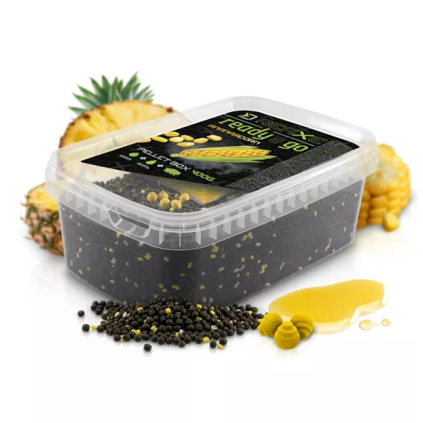 Delphin Reaxe Ready&Go Peletový box Kukuřice-Ananas 400gr + 120ml Booster a 10mm Wafters