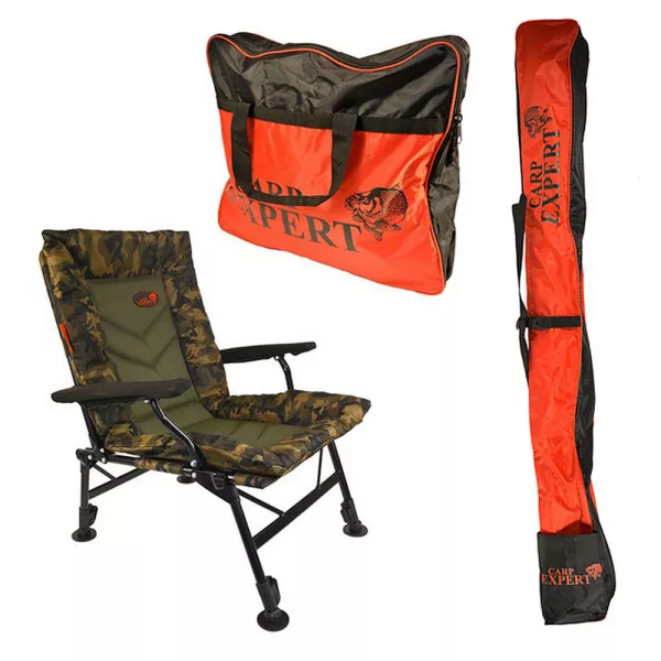 Carp Expert Comfort Camo Rybářské křeslo (25x50cm) se sadou ramenních tašek