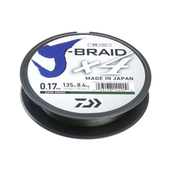 Daiwa J-Braid X4 Tmavě zelená 0,17mm 135m Pletená Hlavní Šňůra
