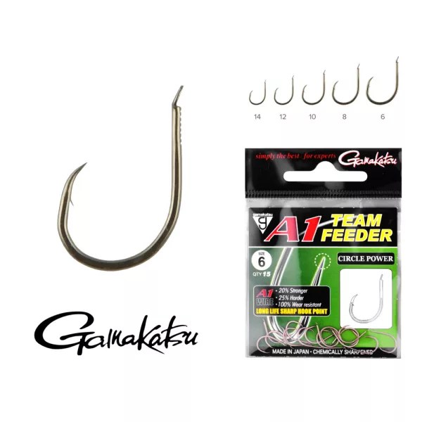 Gamakatsu A1 Team Feeder Circle Power Černý 8 15ks/balení Feederový háček s lopatkou a protihrotem