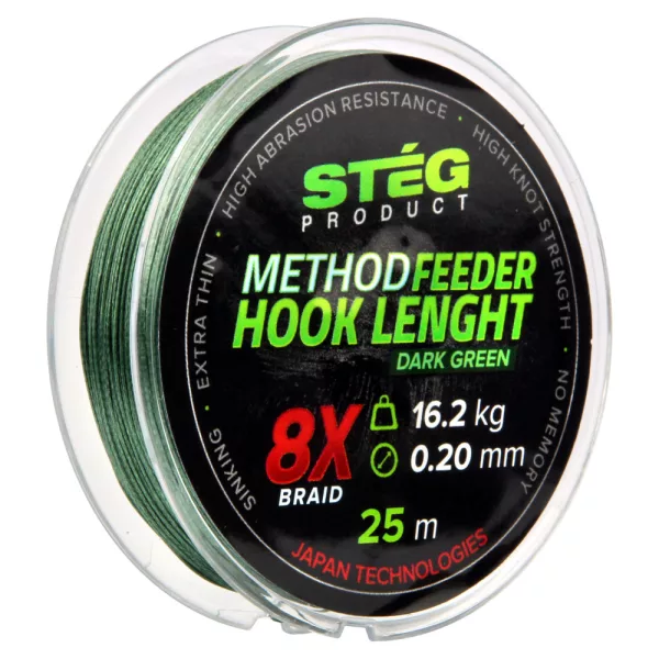 Stég Stég Method Feeder návazcová šňůra 0.20mm 25m Pletená návazcová šňůra-Tmavě zelená