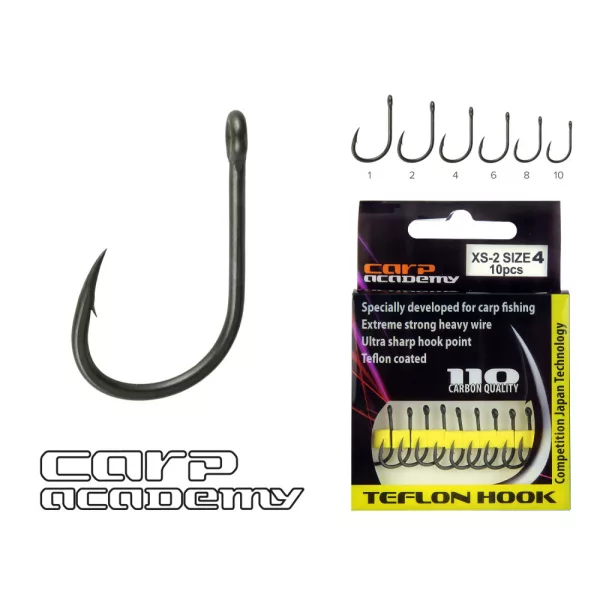Carp Academy Teflon Hook XS-2 Černý 4 10ks/balení Háček s očkem, s protihrotem, na boilies