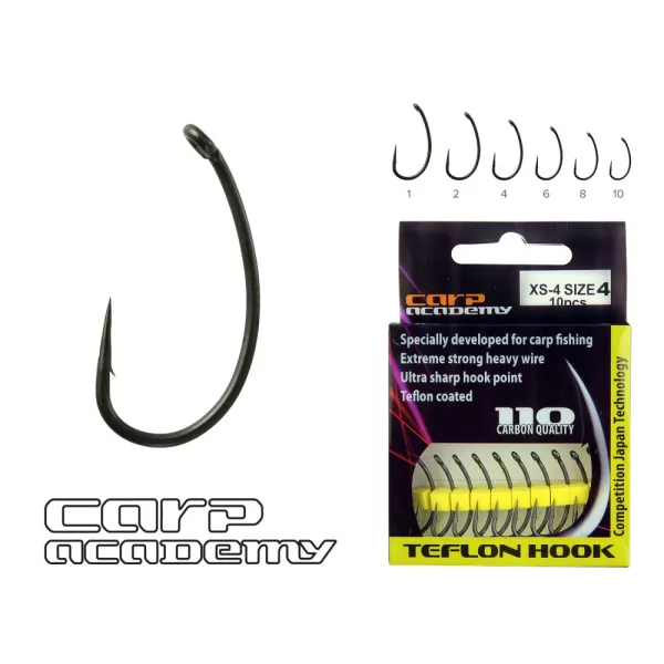 Carp Academy Teflon Hook XS-3 Černý 8 10ks/balení Háček s očkem, s protihrotem, na boilies