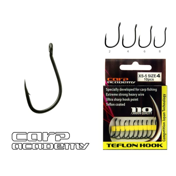 Carp Academy Teflon Hook XS-5 Černý 2 10ks/balení Háček s očkem, s protihrotem, na boilies