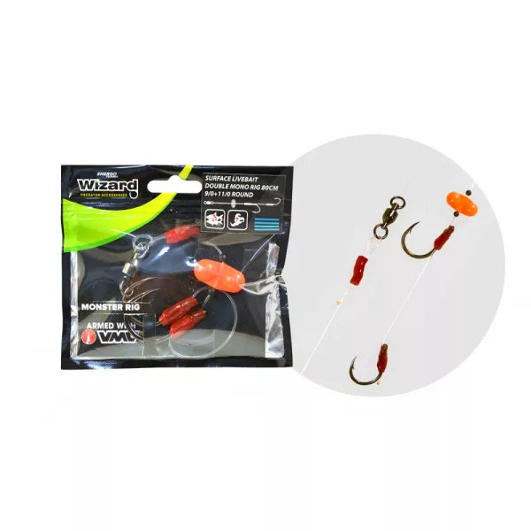 Wizard Monster Surface Livebait Double Mono Rig 9/0+11/0 Round 80cm Dvojitý háčkovaný monofilní návazec