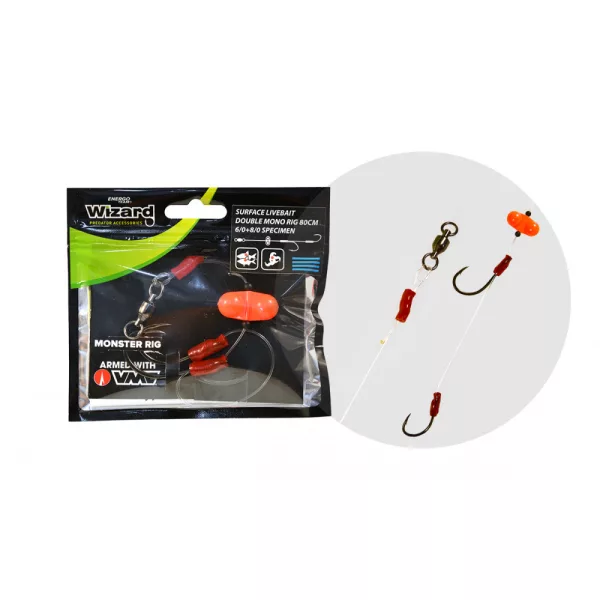 Wizard Monster Surface Livebait Double Mono Rig 6/0+8/0 Specimen 80cm Dvojitý háčkový monofilní návazec
