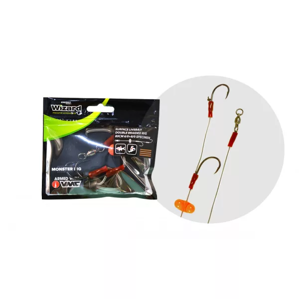 Wizard Monster Povrchový Livebait Double Braided Rig 6/0+8/0 Speciální Návazec na sumce