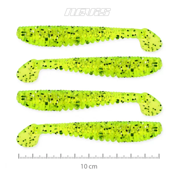Nevis Impulse Shad 10cm 6,92gr 4ks/balení Fluo Zelená Třpytka Plastová nástraha