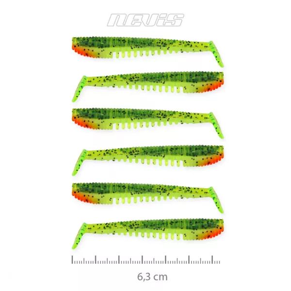 Nevis Impulse Shad 6,3cm 1,77gr 6ks/balení Zeleno-Oranžové Třpytivé Plastové návnady