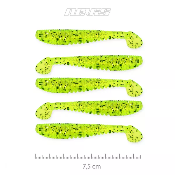 Nevis Impulse Shad 7,5cm 3,05gr 5ks/balení Fluo Zelené Třpytivé Plastové návnady