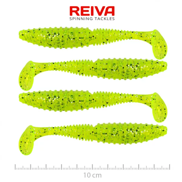 Reiva Candát Power Shad 10cm 7,05gr 4ks/balení (Fluo zelená třpytka II.)