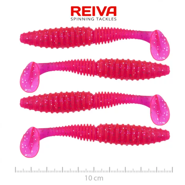 Reiva Candát Power Shad 10cm 7,05gr 4ks/balení (Růžová třpytka) Plastová nástraha