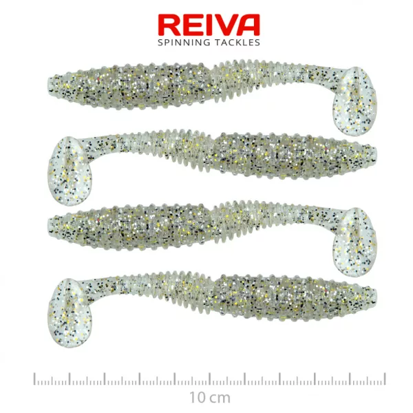 Reiva Candát Power Shad 10cm 7,05gr 4ks/balení (Stříbrná třpytka) Plastová nástraha