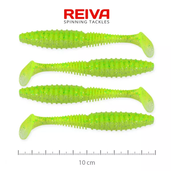 Reiva Candát Power Shad 10cm 7,05gr 4ks/balení (Fluo zelená třpytka I.) Plastová nástraha