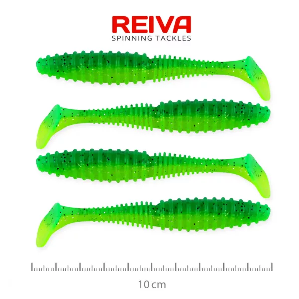 Reiva Candát Power Shad 10cm 7,05gr 4ks/balení (Zelená třpytka) Plastová nástraha