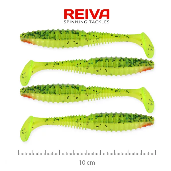 Reiva Candát Power Shad 10cm 7,05gr 4ks/balení (Zeleno-oranžová třpytka) Plastová nástraha