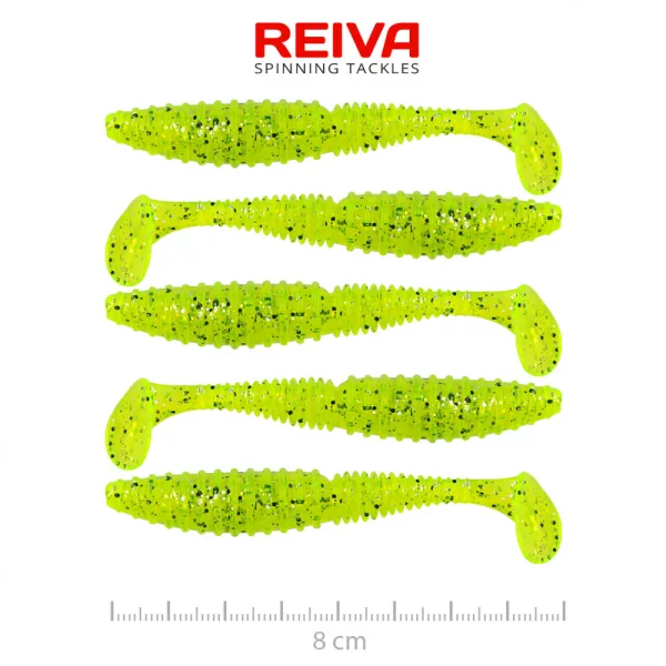 Reiva Candát Power Shad 8cm 3,18gr 5ks/balení (Fluo zelená třpytka II.) Plastová nástraha