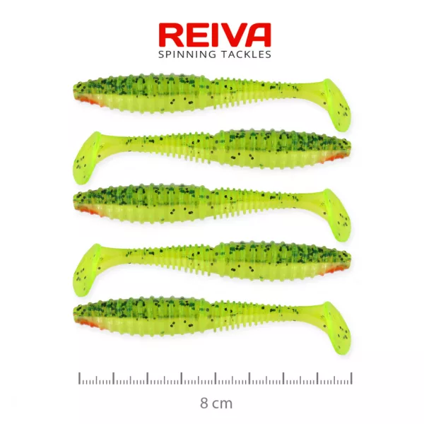 Reiva Zander Power Shad 8cm 3,18gr 5ks/bal (Zelené-oranžové třpytky) Plastová nástraha