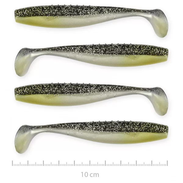 Reiva Flat Minnow Shad 10cm 4ks/bal (Černá-Stříbrná třpytka) gumová rybka