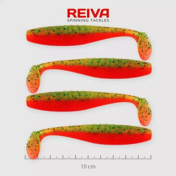 Reiva Flat Minnow Shad 10cm 4ks/bal (Zeleno-oranžové třpytky) gumová rybka