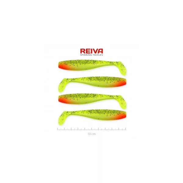 Reiva Flat Minnow Shad 10cm 4ks/bal (Zeleno-červené třpytky) gumová rybka