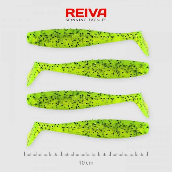 Reiva Flat Minnow Shad 10cm 4ks/bal (Zelené třpytky) gumová rybka