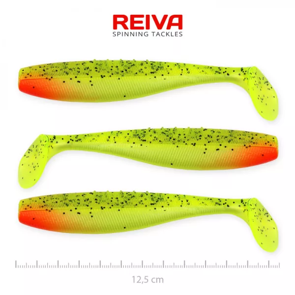 Reiva Flat Minnow shad 12,5cm 3ks/balení (Zeleno-Červené Třpytky) Plastová nástraha