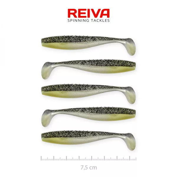 Reiva Flat Minnow shad 7,5cm 5ks/balení (Černo-Stříbrné Třpytky) Plastová nástraha