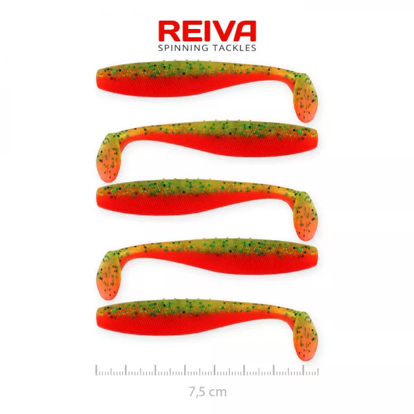 Reiva Flat Minnow shad 7,5cm 5ks/balení (Zeleno-Oranžové Třpytky) Plastová nástraha