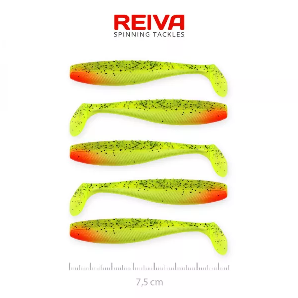 Reiva Flat Minnow shad 7,5cm 5ks/balení (Zeleno-Červené Třpytky) Plastová nástraha