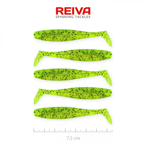 Reiva Flat Minnow shad 7,5cm 5ks/balení (Zelené Třpytky) Plastová nástraha