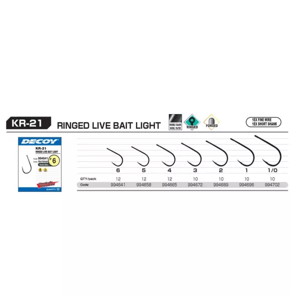 Decoy KR-21 Round Live Bait Light 6 Jednohrotý háček s očkem a protihrotem na dravce, 12ks