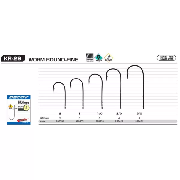 Decoy Worm KR-29 Round Fine 1 Háček s očkem a protihrotem, jednoháček pro dravce 5 ks