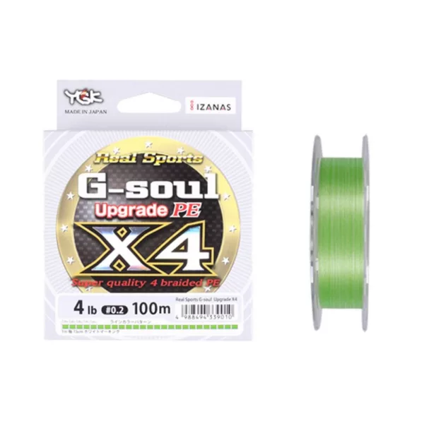 YGK G-soul X4 Upgrade PE - PE0,2(~0,074mm) 150m 4vláknová pletená, fluo zelená barva Pletená šňůra