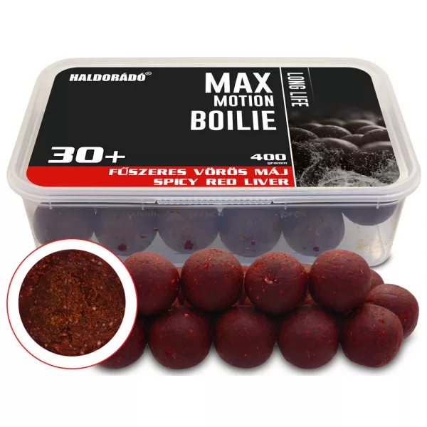 Haldorádó Max Motion Boilie Dlouhá životnost Kořeněná červená játra 400gr 30mm Boilie