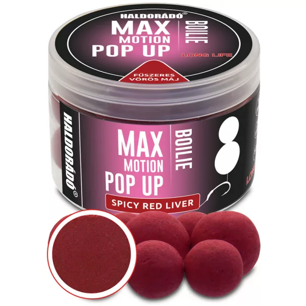 Haldorádó Max Motion Boilie Pop Up Kořeněná červená játra 50gr 16-20mm Boilie