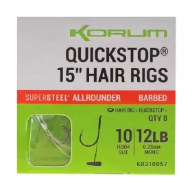   Korum 38cm Big Fish Hair Rigs W Quickstops Size 10 Monofilový předvázaný háček s očkem a protihrotem