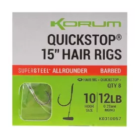   Korum 38cm Big Fish Hair Rigs W Quickstops Size 14 Monofilový předvázaný háček s očkem a protihrotem