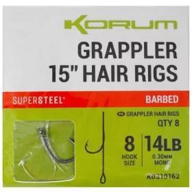  Korum Grappler Hair Rigs 38cm 10 Monofilní návazce s očkem a protihrotem