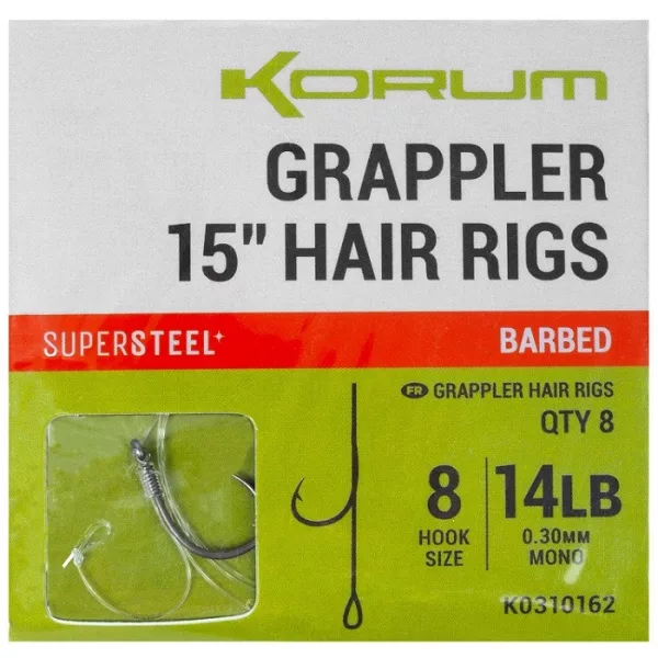 Korum Grappler Hair Rigs 38cm 12 Monofilní návazce s očkem a protihrotem