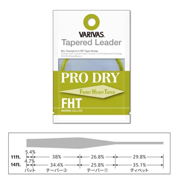 Varivas Zúžený Návazec Tapered Leader Pro Dry FHT 4X 4,26m 0,165-0,45mm Muškařský Návazec