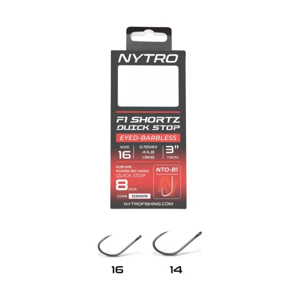 Nytro NTO-B1 16 0,13mm 7,5cm Předvázaný háček s očkem, bez protihrotu, Quick-Stop 8ks