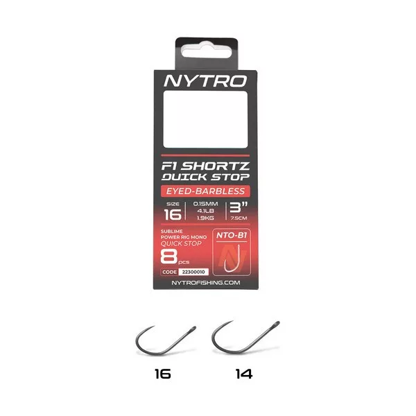 Nytro NTO-B1 16 0,15mm 7,5cm Předvázaný háček s očkem, bez protihrotu, Quick-Stop 8ks