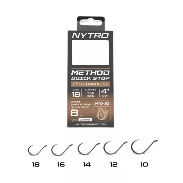 Nytro NTO-B2 18 0,15mm 10cm Předvázaný háček s očkem, bez protihrotu s Quick-Stop 8ks