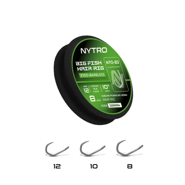 Nytro NTO-B3 Big Fish 8 0,30mm 25cm Předvázaný háček s očkem, bez protihrotu, s vlasovým přívěsem 8ks