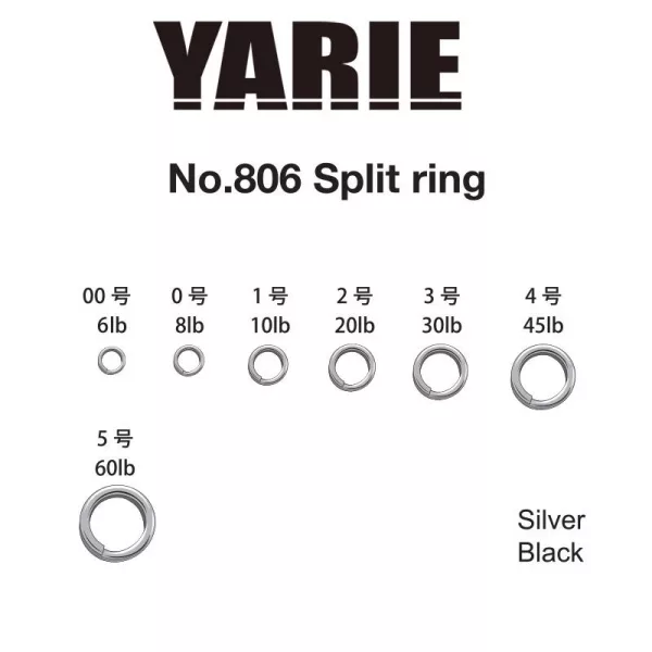 Yarie 806 Split Ring Black 8lb 0 kroužků 30ks